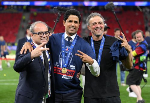 Head Coach of Paris Saint-Germain Luis Enrique, President of Paris Saint-Germain Nasser Al-Khelaifi and Football Advisor for Paris Saint-Germain Luis Campos