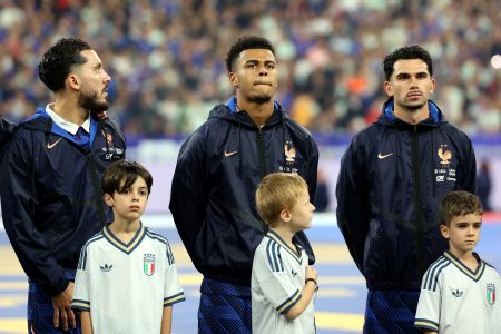 Desire Doue (C), Lucas Da Cunha (R) and Rayan Cherki (L)